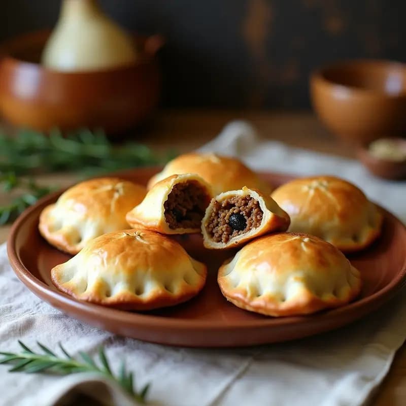 Empanadas de pino veganas doradas y crujientes, rellenas de seitán desmenuzado, pasas y aceitunas, con un toque de merken chileno. Servidas en un plato de barro rústico con hojas de laurel de decoración.