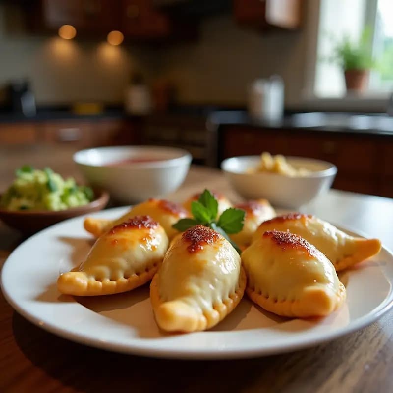 Empanadas chilenas de pino vegano con aceitunas y pasas al horno, doradas y crujientes, dispuestas en una fuente de barro rústica con hojas de cilantro fresco. Relleno jugoso con trozos visibles de champiñones, aceitunas y pasas.