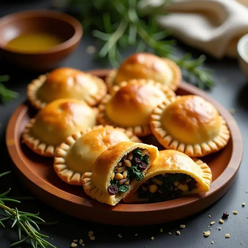 Empanadas de pino vegetarianas doradas al horno, con relleno de hongos portobello y espinacas asomando por los bordes repulgados, servidas en una bandeja de madera rústica con hierbas frescas.