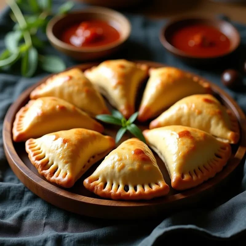 Empanadas de pino vegetarianas doradas en horno, con masa de maíz crujiente y relleno generoso de soja texturizada, pasas y aceitunas, dispuestas en bandeja rústica de madera con hojas de laurel de decoración.