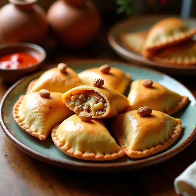 Empanadas doradas y crujientes de pipián de cacahuete y pollo en airfryer, con relleno visible al cortar una por la mitad, sobre fondo rústico de madera con hoja de cilantro como decoración.