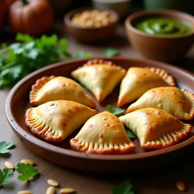 Empanadas doradas y crujientes de pipian verde y jackfruit sobre una bandeja de madera rústica, con un fondo de hojas de cilantro y semillas de calabaza tostadas. Receta vegana guatemalteca al horno.