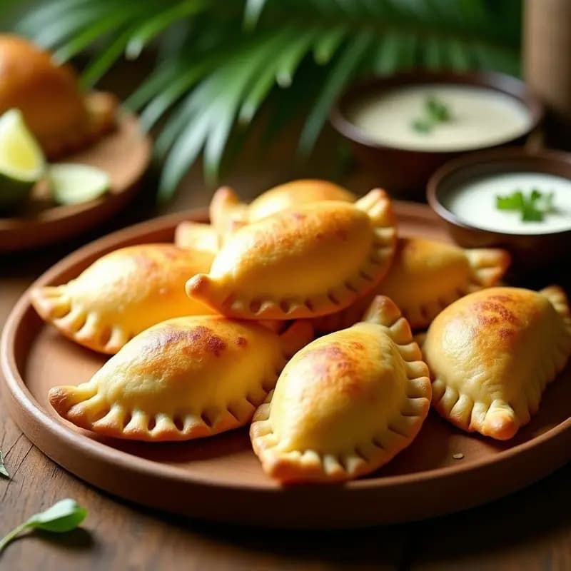 Empanadas doradas y crujientes de piscado y palmito servidas en un plato de madera rústico, con un fondo tropical de hojas de palma y una salsa cremosa al lado. Receta colombiana en airfryer con toque tropical.
