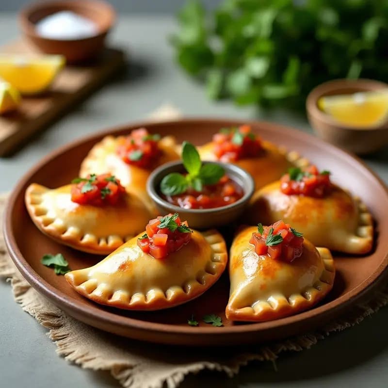 Empanadas doradas y crujientes rellenas de piscado desmenuzado, servidas en un plato de madera rústica con pebre chileno fresco por encima. Receta de la costa chilena hecha en airfryer.