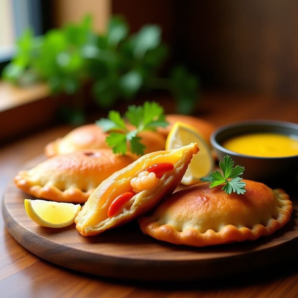 Empanadas doradas y crujientes de masa de yuca rellenas de camarones y Pisco, servidas en una bandeja de madera rústica con rodajas de limón de Pica y hojas de cilantro fresco. Receta chilena gourmet en Airfryer.