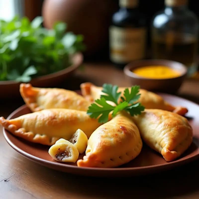Empanadas doradas y crujientes de masa de yucca rellenas de camarones veganos en pisco, servidas en un plato de barro con salsa de ají amarillo y cilantro fresco, receta peruana en airfryer.