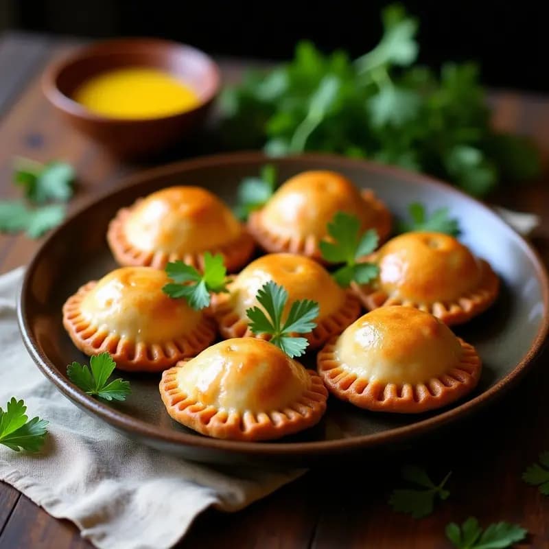 Empanadas chilenas tradicionales de pisco y locos con masa de harina de trigo doradas al horno, servidas en una bandeja de madera rústica con hojas de perejil fresco y un fondo borroso de cocina costera.