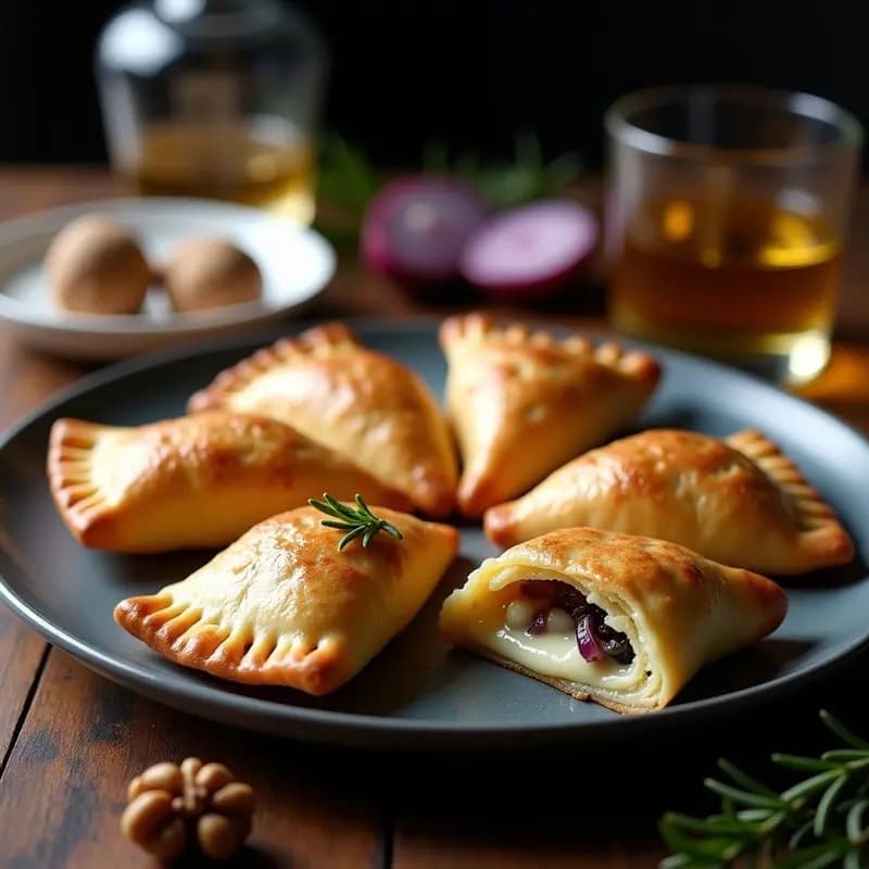 Empanadas chilenas gourmet doradas y crujientes rellenas de queso azul cremoso y pisco, servidas en una tabla de madera con nueces picadas y un hilo de miel de ulmo.