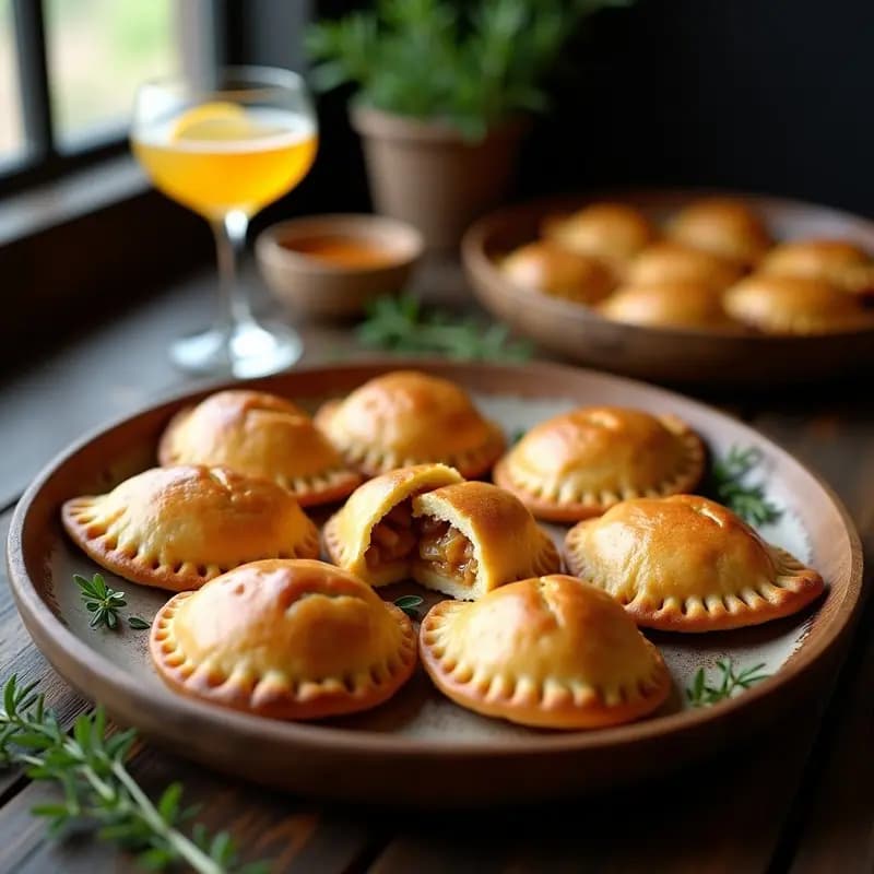 Empanadas chilenas doradas y crujientes con masa de harina de maíz, rellenas de queso de cabra cremoso y pisco, dispuestas en una bandeja de madera rústica con hojas de tomillo fresco y un vaso de pisco sour al fondo.