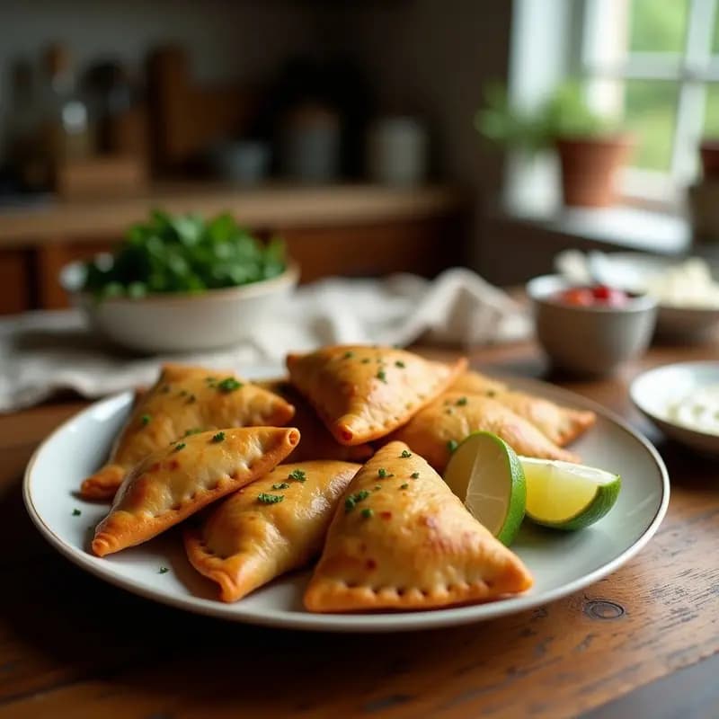 Empanadas doradas y crujientes de plátano macho rellenas de jackfruit desmenuzado, servidas en un plato de madera con hojas de cilantro fresco. Receta vegana de Puerto Rico en airfryer.