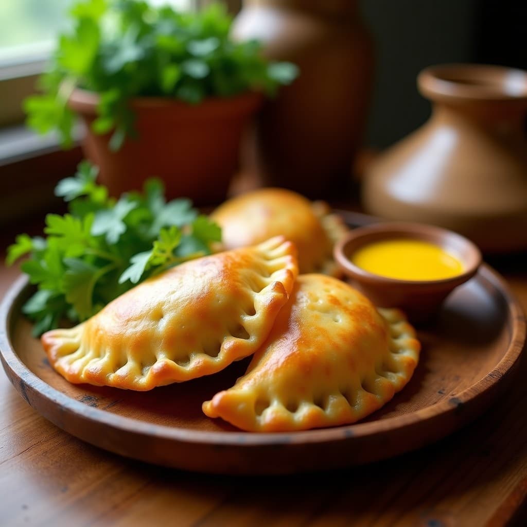 Empanadas doradas y crujientes de plátano macho rellenas de carne picada con ají amarillo, servidas en un plato de madera rústico con hojas de cilantro fresco y una salsa amarilla al lado. Receta colombiana en airfryer.