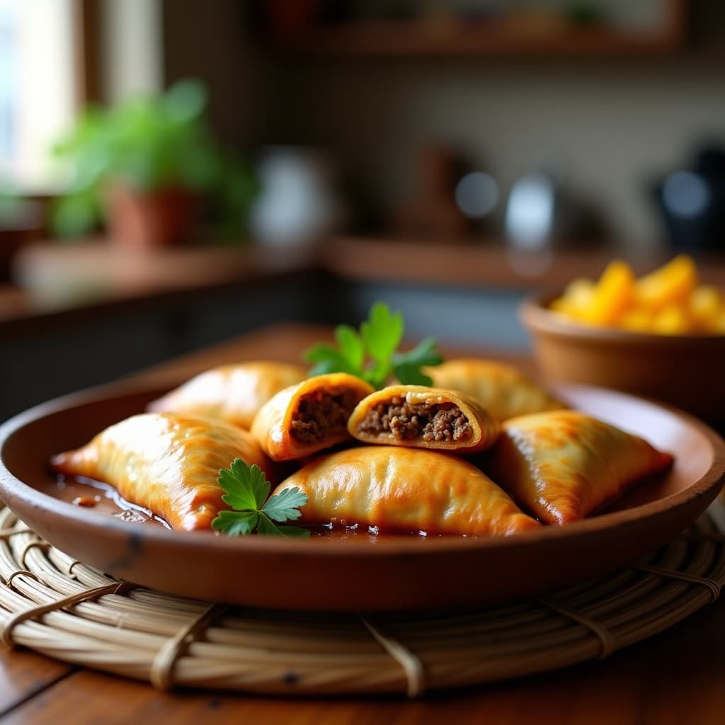 Empanadas doradas de plátano macho rellenas de carne de res jugosa, con bordes bien sellados y textura crujiente, servidas en un plato de madera rústico con hojas de culantro como decoración. Receta caribeña en olla lenta.