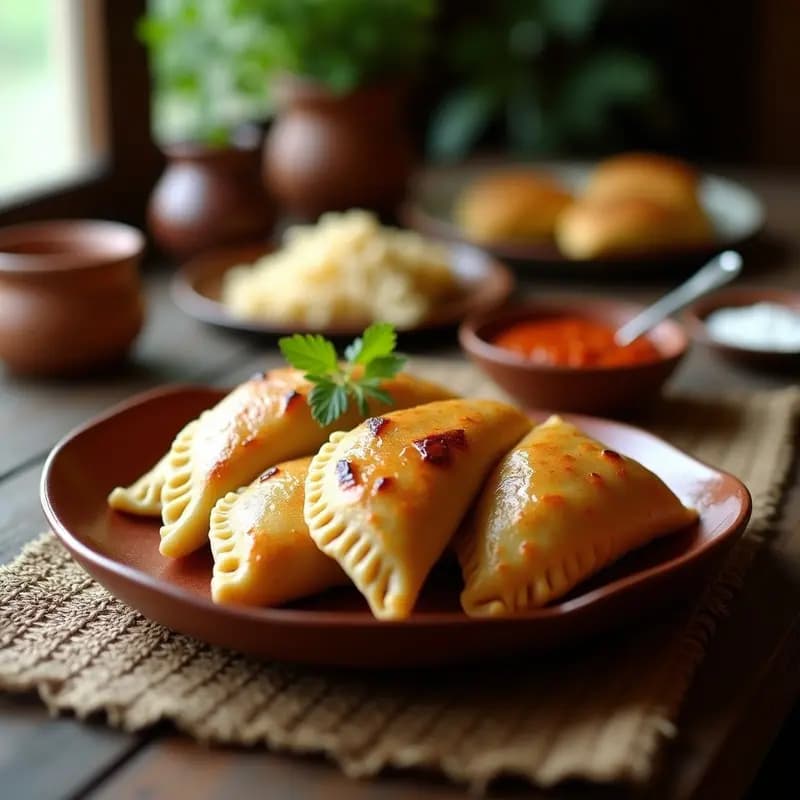 Empanadas doradas y crujientes de plátano macho rellenas de charqui, servidas en un plato de barro con salsa de rocoto cremosa y picante al lado. Receta boliviana en airfryer.