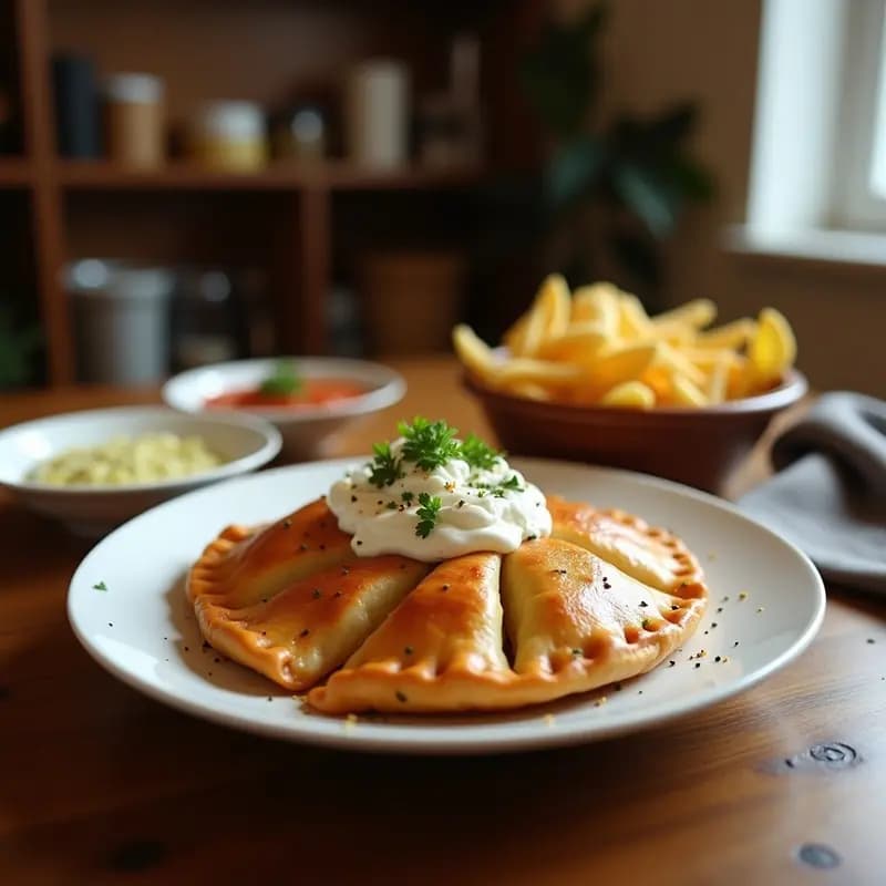 Empanadas doradas y crujientes de plátano macho rellenas de chorizo vegano, dispuestas en un plato de madera con hojas de plátano de fondo, receta dominicana en airfryer.