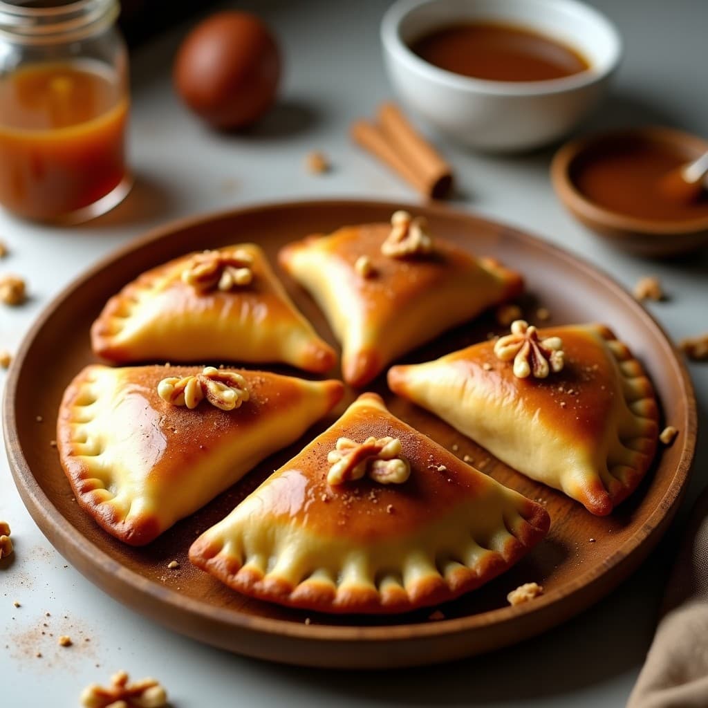 Empanadas doradas y crujientes de plátano macho y caramelo de dátiles, dispuestas en un plato blanco rústico con rodajas de plátano macho como decoración. Receta vegana sin horno en airfryer.