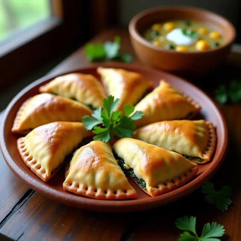 Empanadas doradas y crujientes de plátano macho rellenas de espinacas y queso, servidas en un plato de barro con ajiaco colombiano al lado, decorado con cilantro fresco.