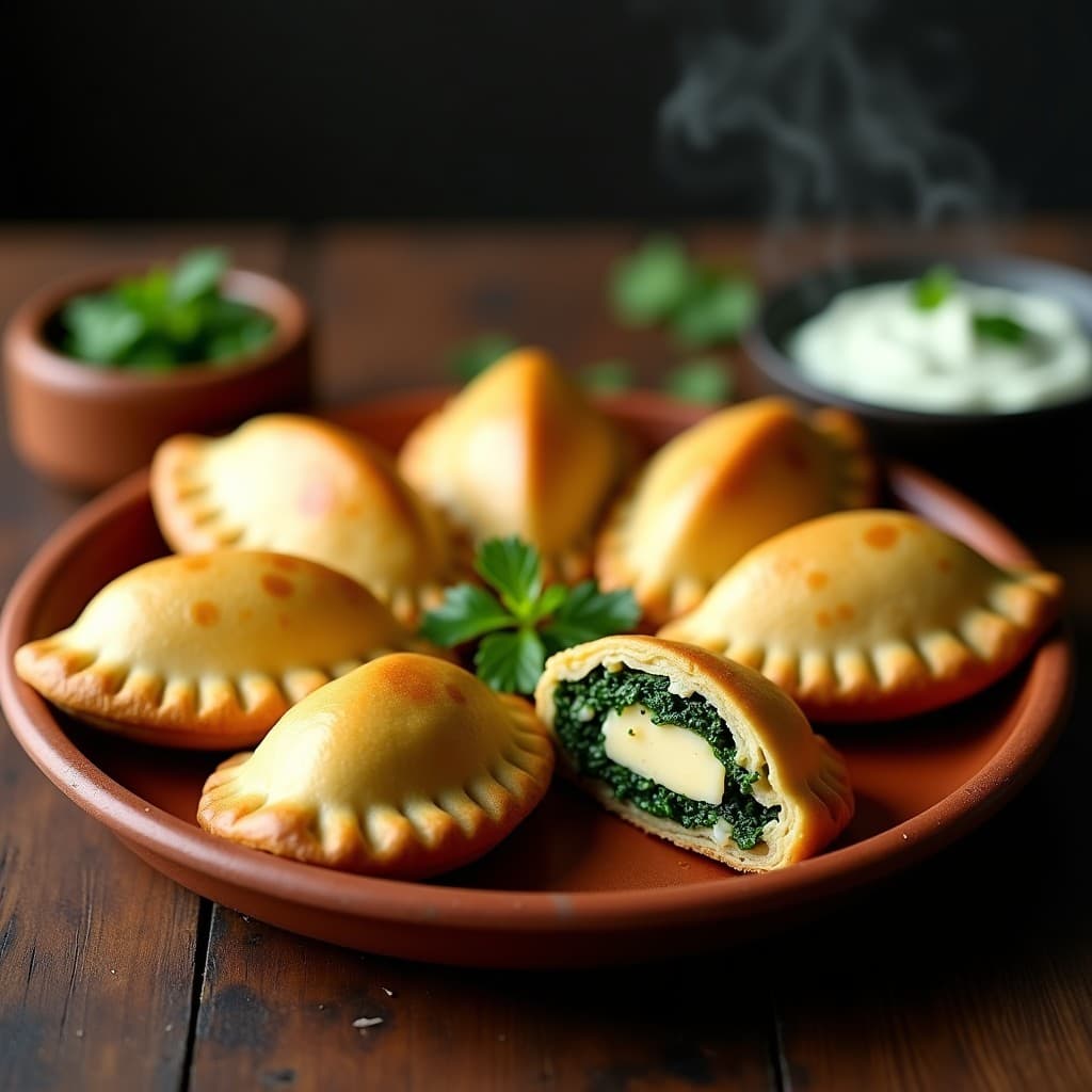 Empanadas doradas de masa de plátano macho rellenas de espinacas y queso halloumi, servidas en un plato de barro con salsa de yogur, receta colombiana en olla express.