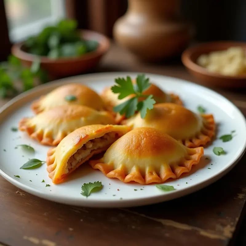 Empanadas de plátano macho doradas y crujientes rellenas de merluza ahumada, servidas en un plato blanco con hierbas frescas, receta colombiana en Airfryer.