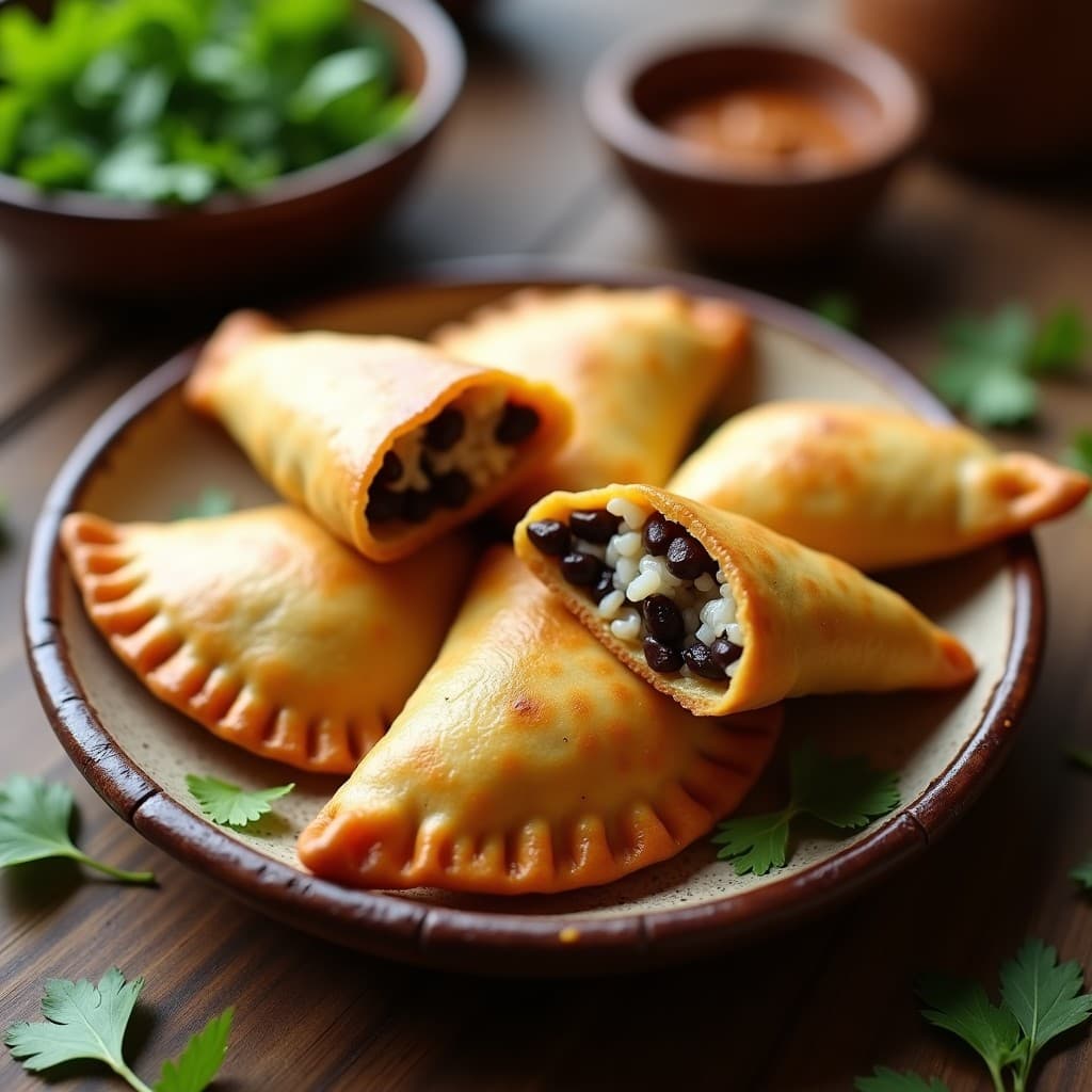 Empanadas doradas de masa de plátano macho rellenas de moros y cristianos, servidas en un plato de barro con un fondo rústico. Receta sin harina y tradicional caribeña.