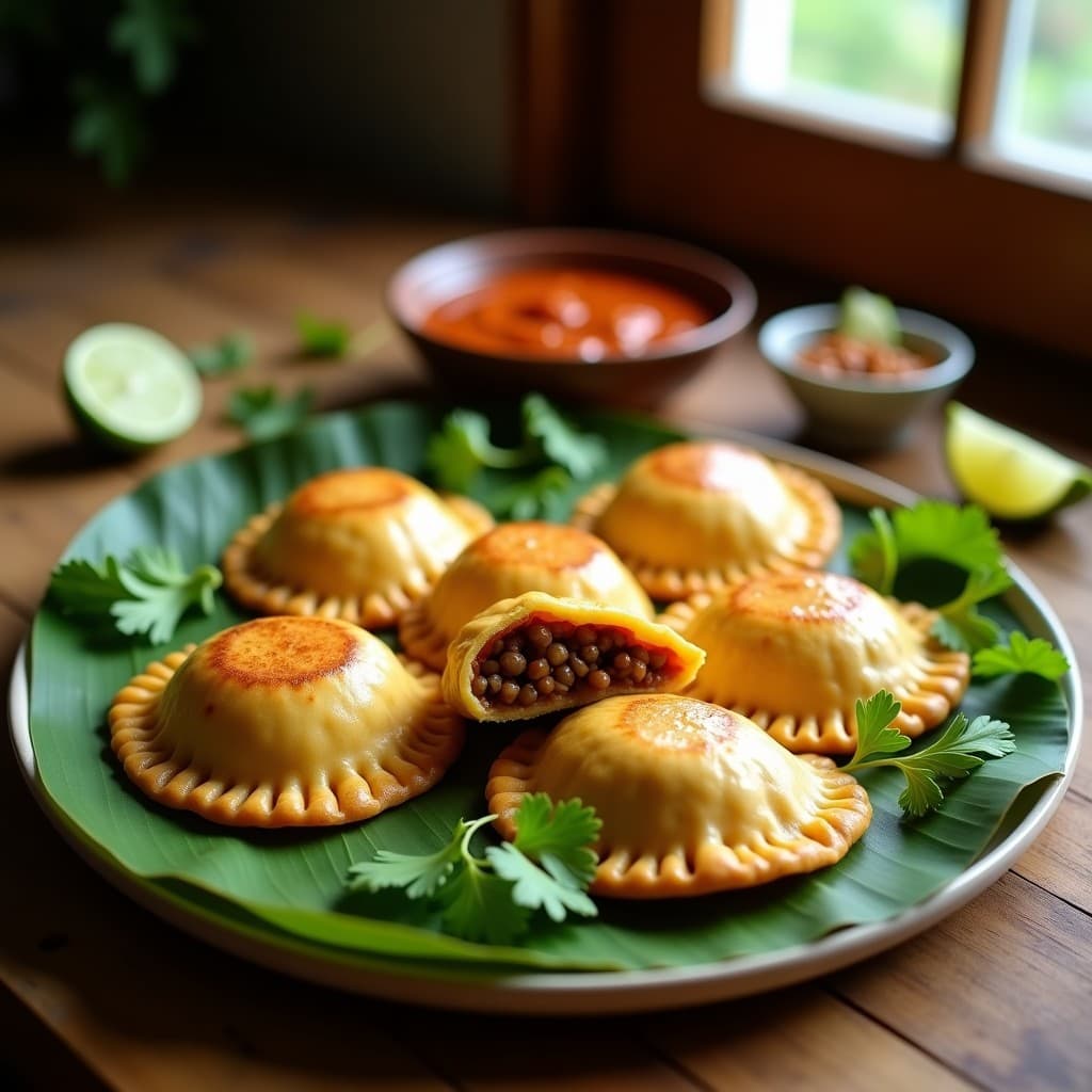 Empanadas doradas de masa de plátano macho con relleno de picadillo vegano de lentejas y nueces, servidas sobre hoja de bijao con rodajas de limón y cilantro fresco, receta caribeña sin harina.