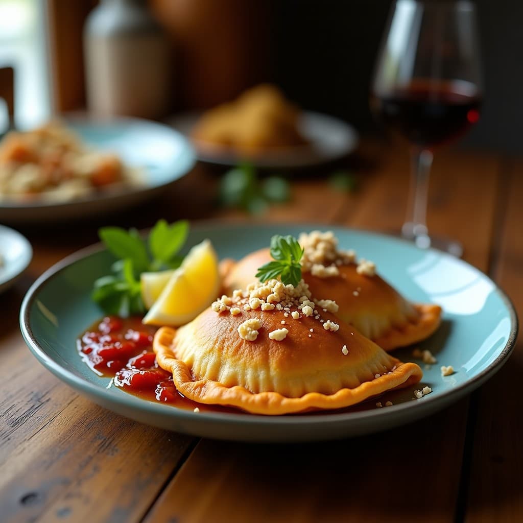 Empanadas doradas de masa de plátano macho rellenas de queso azul y nuez, servidas en una bandeja de madera rústica con hojas de plátano como decoración, receta ecuatoriana gourmet.