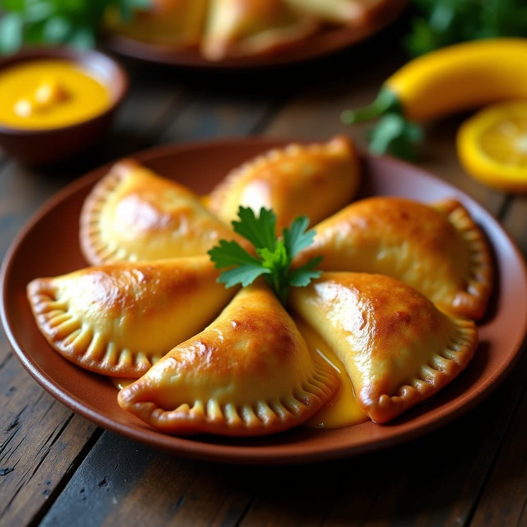Empanadas doradas de masa de plátano maduro rellenas de pollo al ají amarillo, servidas en un plato de barro con hojas de cilantro fresco y rodajas de ají amarillo al lado. Receta ecuatoriana sin harina.