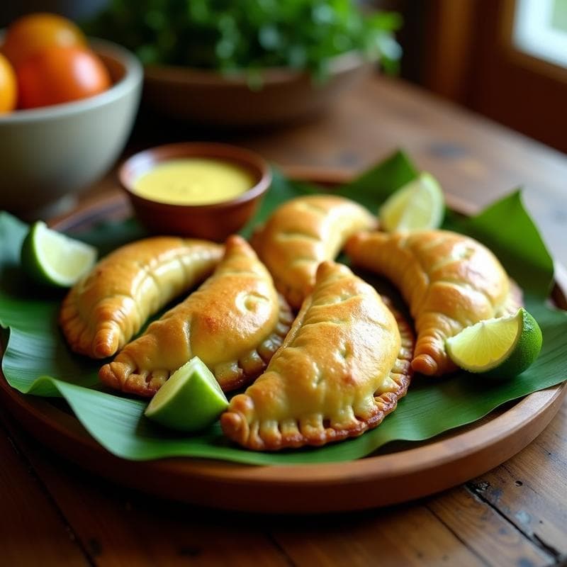 Empanadas doradas de masa de plátano verde rellenas de bacalao desalado, cocinadas en airfryer, con bordes crujientes y relleno jugoso. Servidas en un plato rústico de barro con hojas de perejil fresco y limón al lado.