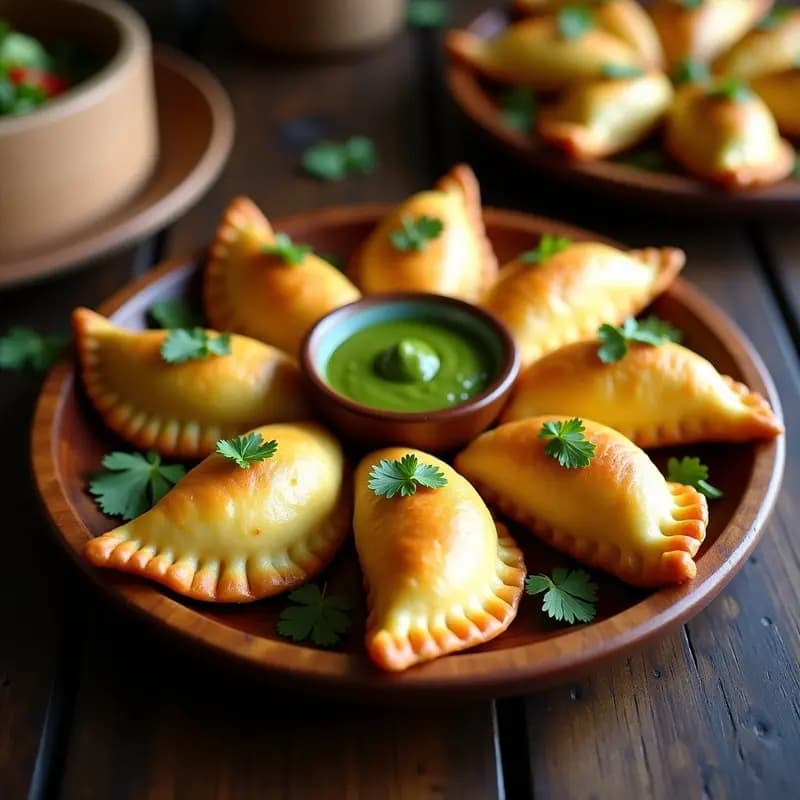 Empanadas doradas y crujientes de plátano verde rellenas de bacalao salado, servidas en un plato de madera rústico con hojas de cilantro fresco y una salsa verde al lado. Receta caribeña en olla express.