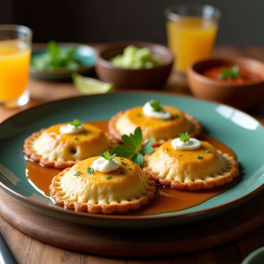 Empanadas doradas y crujientes de plátano verde rellenas de queso feta, servidas en un plato de madera rústico con un bol pequeño de salsa de miel y pimienta al lado. Receta colombiana en airfryer.