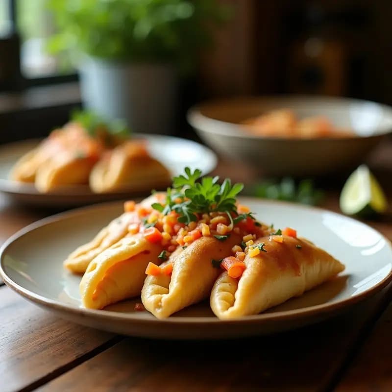 Empanadas doradas y crujientes de masa de plaxtain, rellenas de pulled pork de hongos shiitake y portobello, con un toque de especias ahumadas. Servidas sobre hoja de bijao con salsa barbacoa vegana al lado, receta colombiana vegana tradicional.