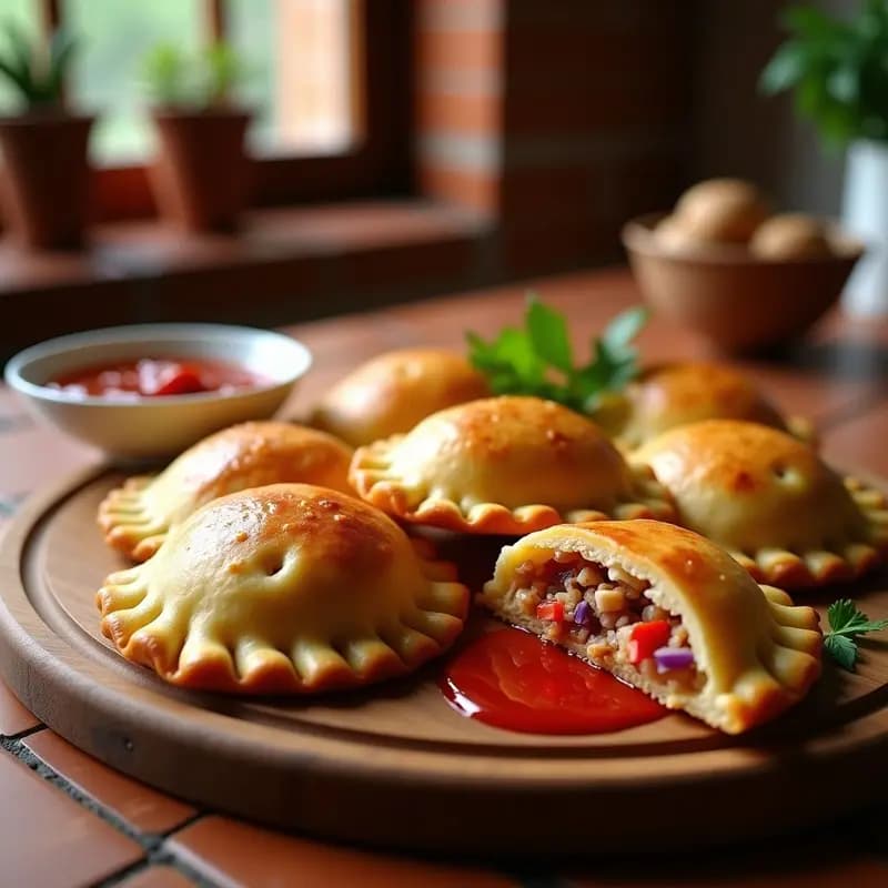 Empanadas expósitos portuguesas doradas y crujientes en una cesta de airfryer, con relleno de atún yebra y piri-piri asomando por los bordes sellados. Acompañadas de un cuenco pequeño con salsa piri-piri y hojas de perejil fresco sobre un fondo rústico de madera.