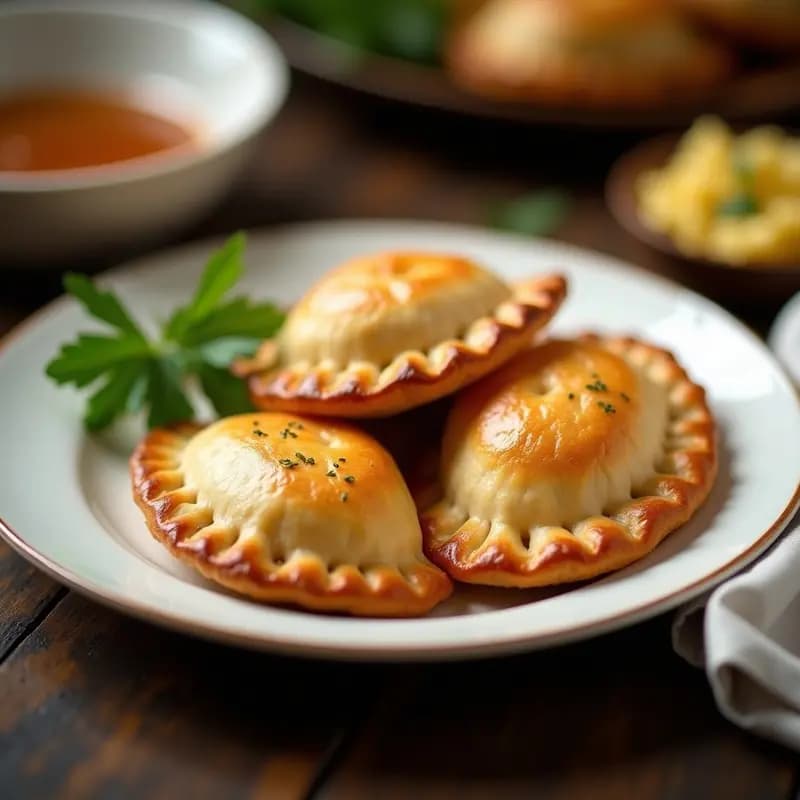 Empanadas portuguesas de atún y cebolla con masa de yuca sin gluten, doradas y crujientes, servidas en una fuente de barro rústica sobre un mantel de lino. Se aprecian los bordes bien sellados y el relleno jugoso asomando ligeramente. Acompañadas de hojas de perejil fresco y una rodaja de limón al lado.
