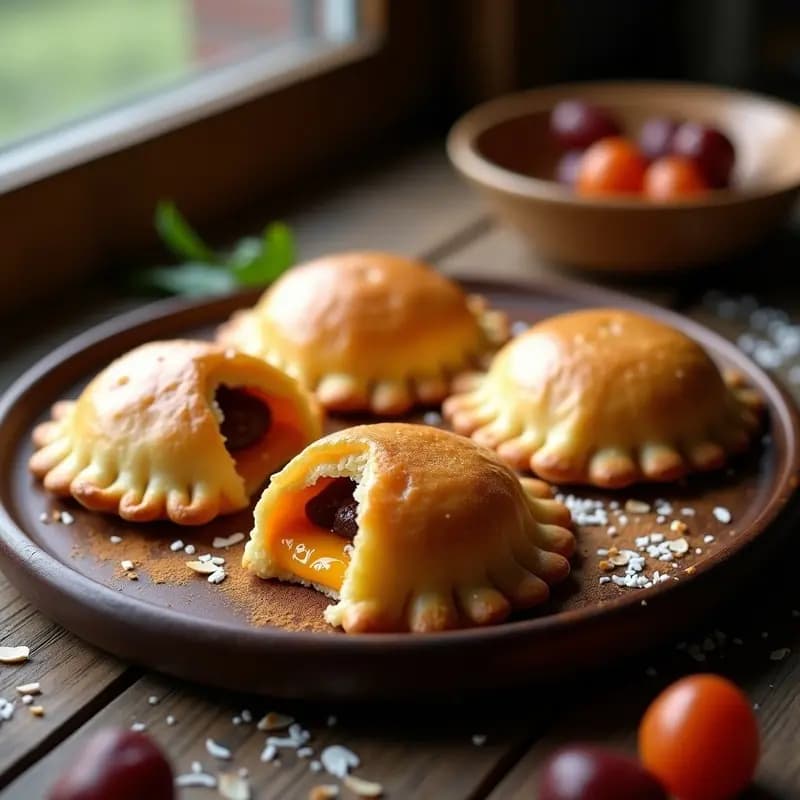 Empanadas doradas de masa de almendra y coco rellenas de queso de albaricoque y dátiles, servidas en una fuente de madera oscura con detalles de coco rallado y canela espolvoreada.