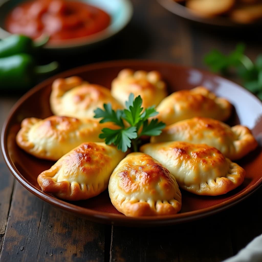 Empanadas doradas y crujientes rellenas de queso de anacardo cremoso y pimientos Padrón verdes, servidas en una bandeja de madera rústica con salsa de yogur vegano al lado. Receta española vegana en airfryer.