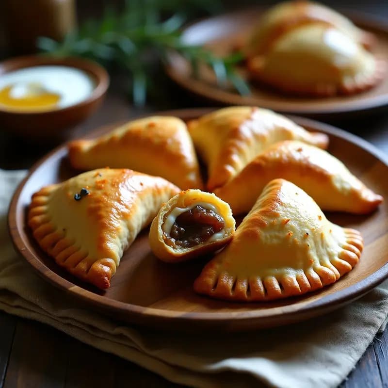 Empanadas doradas y crujientes de QuesoBlue y dátiles en Airfryer, con masa de trigo sarraceno, servidas en un plato de madera con salsa de yogur y miel al lado.