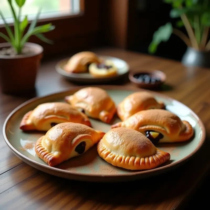 Empanadas canarias doradas recién horneadas con relleno de queso de cabra y mermelada de higo negro, espolvoreadas con azúcar glass y canela, servidas en un plato de barro rústico.