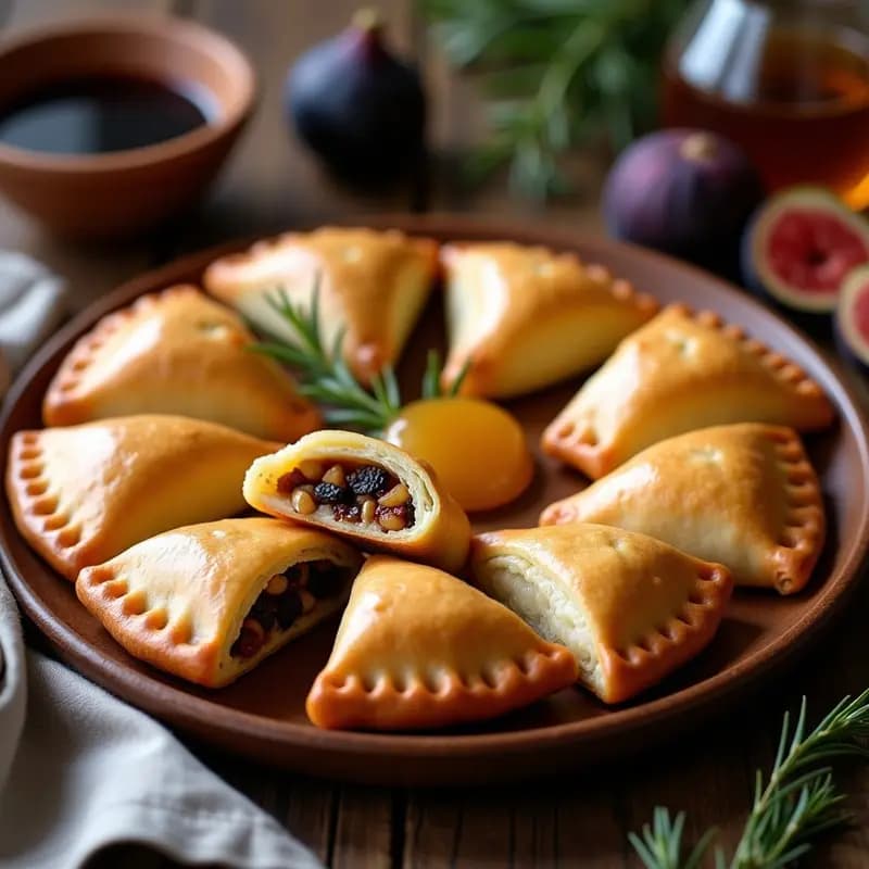 Empanadas uruguayas doradas y crujientes rellenas de queso de cabra y higos caramelizados, servidas en una bandeja de madera rústica con reducción de vino tinto al fondo.