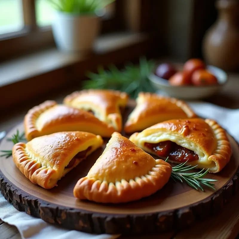 Empanadas argentinas gourmet de queso de cabra y higos caramelizados sobre una bandeja de madera rústica, con bordes dorados y crujientes, rellenas de queso cremoso y higos brillantes. Ideal para tupper.