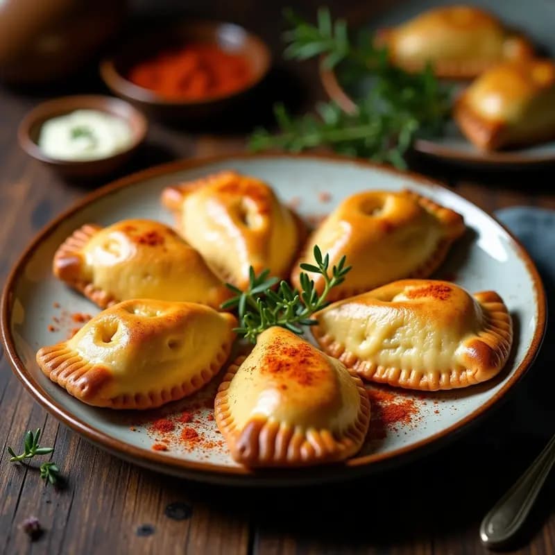 Empanadas gallegas doradas y crujientes rellenas de queso de cabra y puerro, servidas en un plato de cerámica rústica con tomillo fresco y pimentón espolvoreado, receta airfryer sin mantequilla.