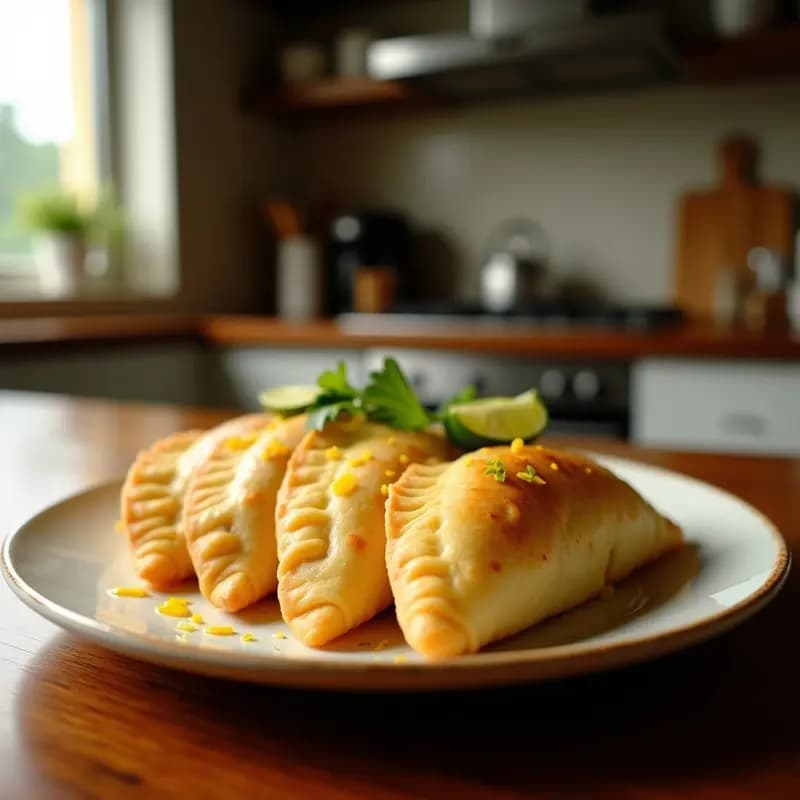 Empanadas doradas de masa de maíz azul rellenas de queso de cabra y elote, con hojas de hoja santa asomando, dispuestas en un plato de barro con fondo de hoja de plátano. Receta mexicana gourmet para tupper.