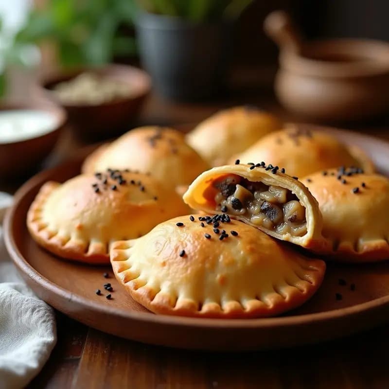 Empanadas doradas y crujientes en forma de media luna, rellenas de queso Philadelphia cremoso y hongos shiitake, servidas en un plato de madera rústico con perejil fresco espolvoreado. Receta argentina gourmet en airfryer.
