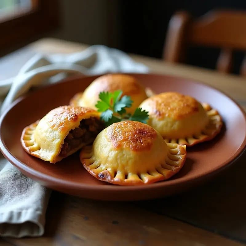 Empanadas doradas de masa de quinoa rellenas de estofado de cordero, con textura crujiente y jugoso relleno, servidas en plato de barro rústico.