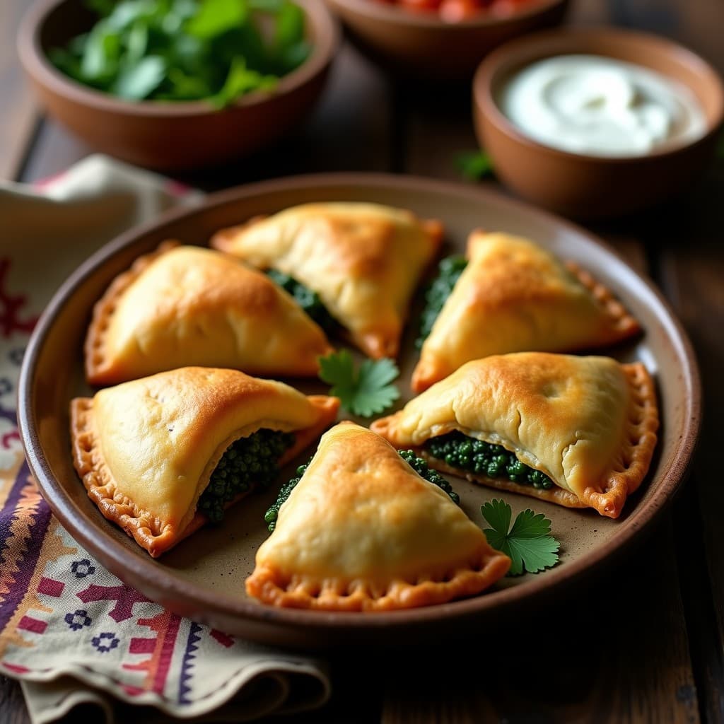 Empanadas doradas de quinoa rellenas de espinacas y tofu, servidas en un plato de barro con hierbas frescas y salsa de yogur vegano, receta andina sin gluten en airfryer.