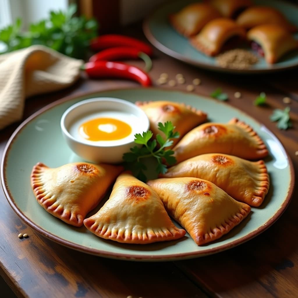 Empanadas doradas y crujientes de quinoa rellenas de pimiento asado, cebolla morada y queso feta, servidas en un plato de cerámica blanca con salsa de yogur cremosa y hojas de menta fresca. Receta peruana sin gluten.
