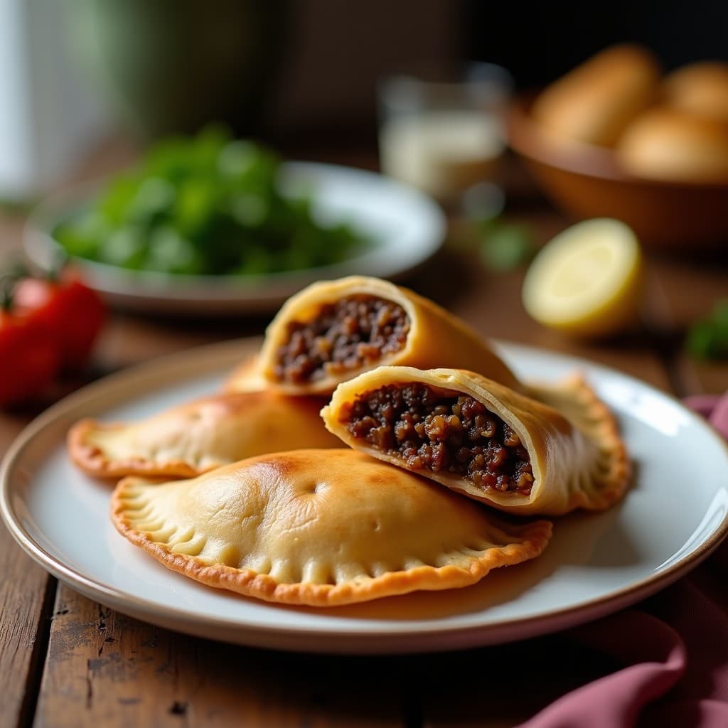 Empanadas doradas y crujientes de ñame morado rellenas de carne de coco, con un interior vibrante morado. Servidas en un plato de madera rústico con hojas de plátano y una salsa cremosa de ají amarillo al lado. Receta afrocaribeña vegana en airfryer.