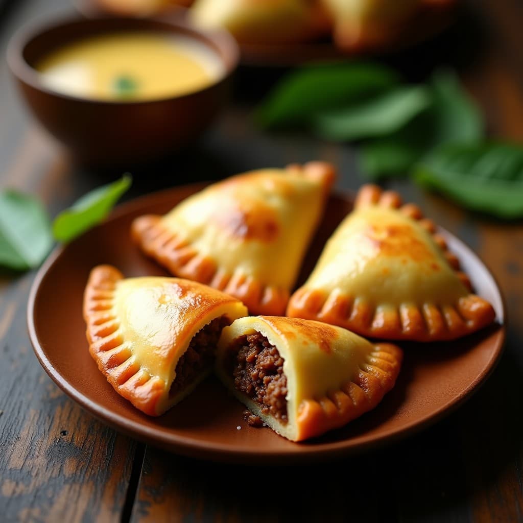 Empanadas filipinas doradas y crujientes con relleno de carne de res y puré de yaca, servidas sobre un plato de madera rústico con hojas de plátano de fondo. Receta sin gluten con masa de cassava.