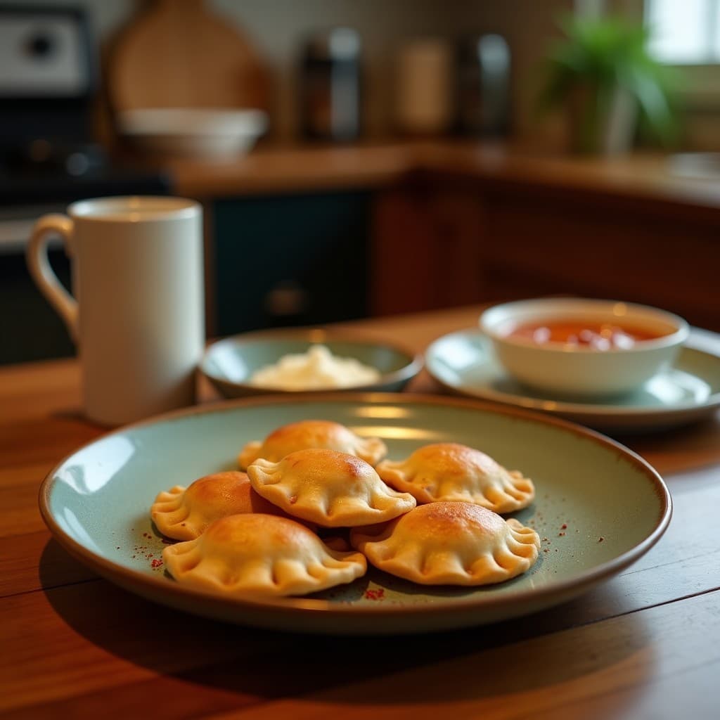 Empanadas doradas y crujientes rellenas de carnaza de soja y pimentón de la Vera, servidas en una fuente de barro con un toque de perejil fresco, receta vegana española en Thermomix.