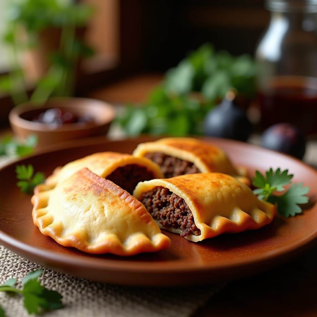 Empanadas doradas y crujientes de harina de sorgo rellenas de carne de avestruz, con un tostado uniforme y bordes bien sellados. Acompañadas de una salsa oscura y hierbas frescas, sobre un plato de madera rústica con fondo borroso de cocina tradicional sudamericana.