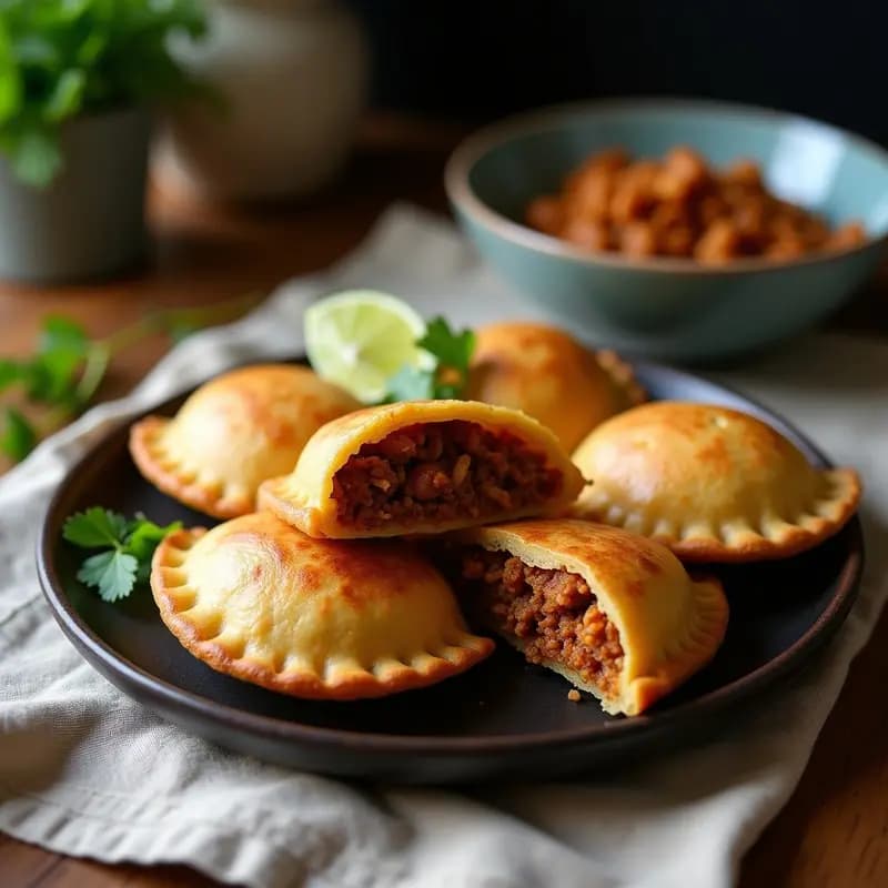 Empanadas brasileñas veganas de harina de sorgo y carne de jackfruit, doradas y crujientes, dispuestas en una bandeja de madera rústica con hojas de cilantro fresco. Receta sin gluten.