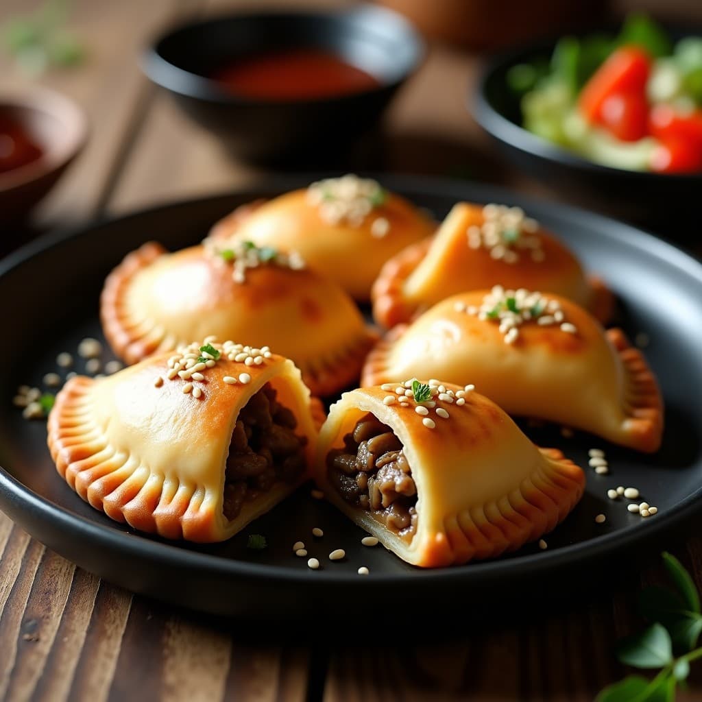 Empanadas doradas de harina de sorgo rellenas de pleurotus, con semillas de sésamo tostadas por encima, servidas en un plato de cerámica negra sobre fondo de madera rústica. Receta sin gluten con toque umami en Thermomix.